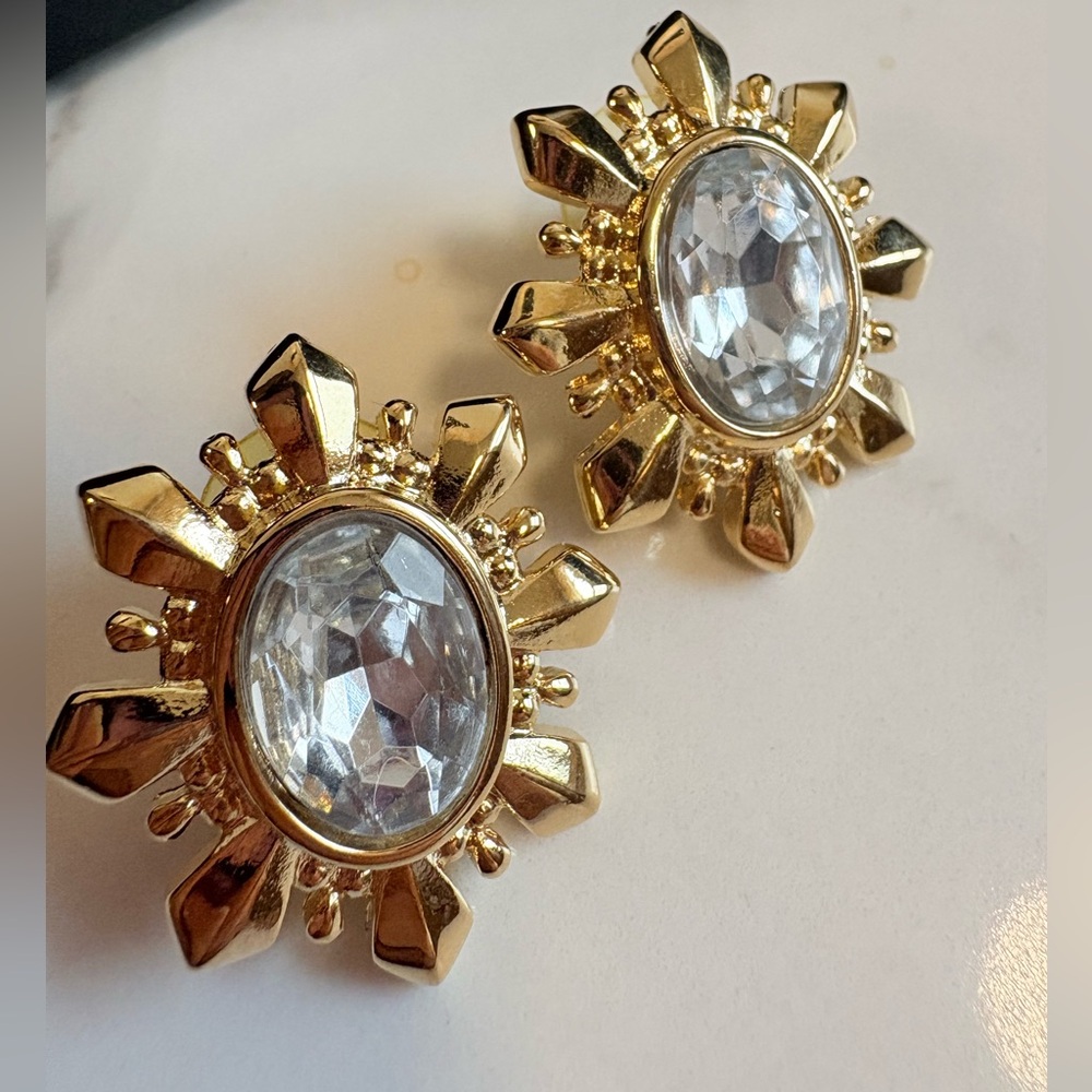 Vintage 1994 Avon Crystal Sunburst Gold Plated Statement Earrings Glam NIB 249